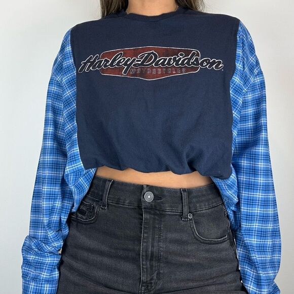Reworked Harley Davidson Flannel Long Sleeved
Loose Baggy Plaid Blue Shirt - Picture 2 of 5